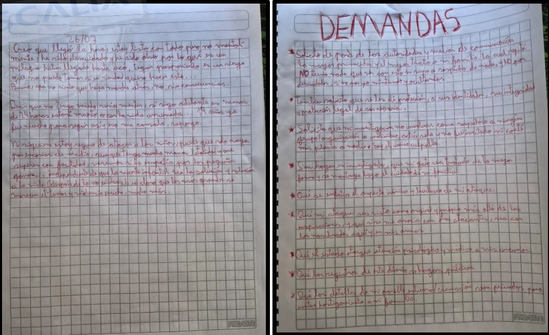Página del cuaderno de H.M. con demandas